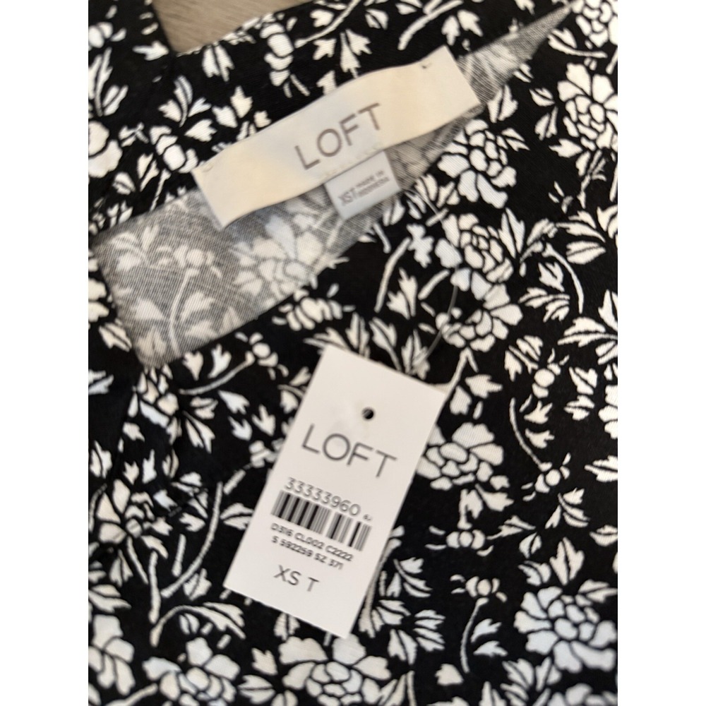 Loft Black Floral Double V Flounce Dress NWT Women's size XS Tall Linen Blend - Picture 6 of 12